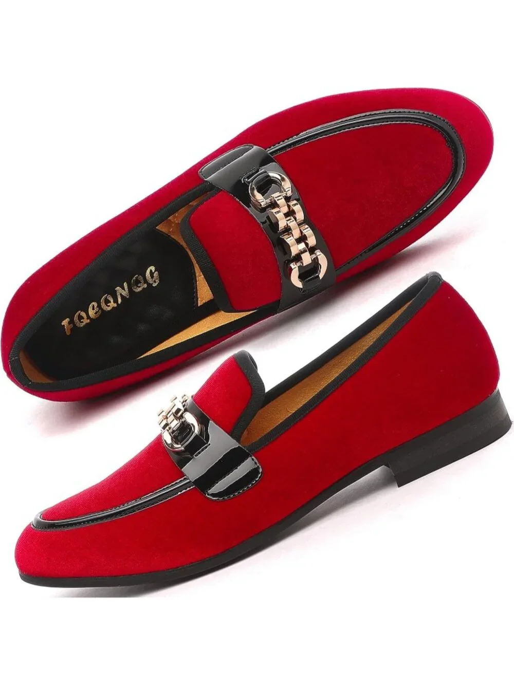 Men's Bright Red Velvet Gold Horse Bit Classic Loafer Slip On Casual Dress Shoes